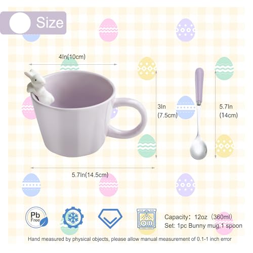 BigNoseDeer Cute Easter Bunny Mugs with 3D Rabbit Inside Ceramic Bunny Coffee Mug with Spoon Cute Gifts Easter Gifts for Women Kids 12oz (Purple)