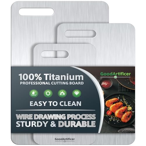 Titanium Cutting Boards Set of 3 - Double-Sided Non-Toxic Kitchen Chopping Boards with Handles - Silver, 16"x10", 13"x8", 10.5"x6.5"