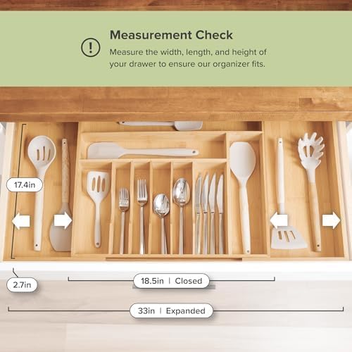 KitchenEdge Premium Silverware Organizer - Expandable Bamboo Utensil Holder for Kitchen Drawers, 18 to 33 In