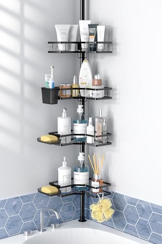 Aitatty Black Adjustable Shower Caddy Tension Pole Rustproof Corner Bathroom Shelf