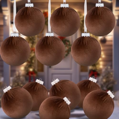 Rotatingpals 12 Pcs Jumbo Brown Velvet Christmas Ornaments 6 Inch Flocked - Holiday Decoration