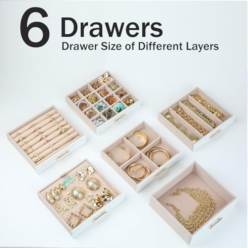 BOOVO White 6-Layer Jewelry Organizer Box with Clear Lid, Large Storage