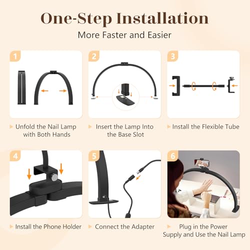 Yokilly 29 Inch Black Foldable Half Moon Nail Desk Light with 360° Phone Holder