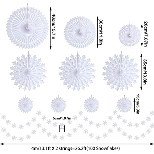 12pcs Winter Wonderland Snowflake Party Decorations Set: White Paper Fan Decor Snowflakes Garlands Banner for Frozen Birthday, Christmas, Baby Shower, Wedding