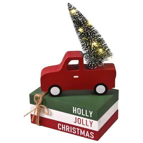 Christmas Decorations for Home, 4pcs Xmas Tiered Tray Decor with Wooden Red Truck, LED Lighted Tree & Book Stack, Rustic Christmas Table Centerpiece for Kitchen, Shelf, Office (4 pcs)