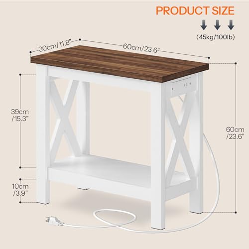 Narrow End Table with Charging Station - Farmhouse Side Table with Storage Shelves
