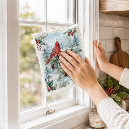 CRYSFIY 6 Pack Christmas Swedish Dishcloths B-multicolor Xmas Winter Woodland Designs, Reusable Kitchen Cloths