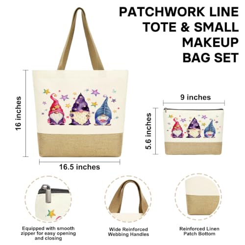 Wizard 1866 Watercolor Magic Gnomes Star Tote Bag & Makeup Bag Set - Jute Bottom