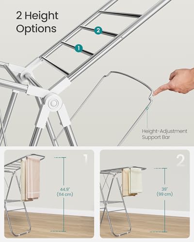 SONGMICS Foldable Metal Clothes Drying Rack White 51.2" W x 39" H, Adjustable Wings, Heavy Duty, Space-Saving Laundry Organizer
