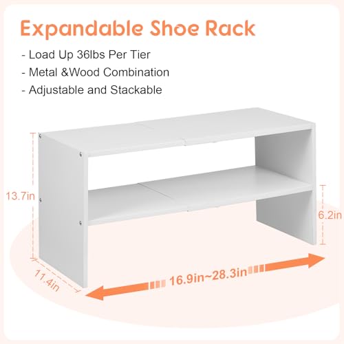 2 Pack White Expandable Shoe Rack Organizer for Closet and Entryway - 2-Tier Stackable Shoe Storage Shelf - Small Iron Wood Combo - Narrow Space, 15-24 Pairs - Variation of THIS listing