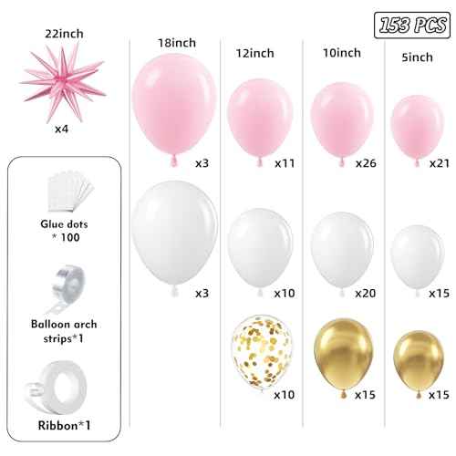 Pink and White Gold Balloon Arch Garland Kit 153pcs with Star, 22 18 12 10 5in Different Size Pink white Metallic Gold Confetti Balloons for Birthday Baby Shower Wedding Party Decorations