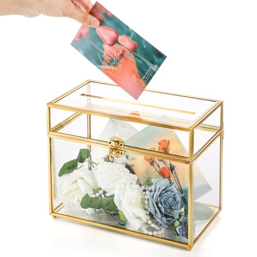 Glass Wedding Card Box with Lock and Gold Rim - Vintage Clear Gift Holder