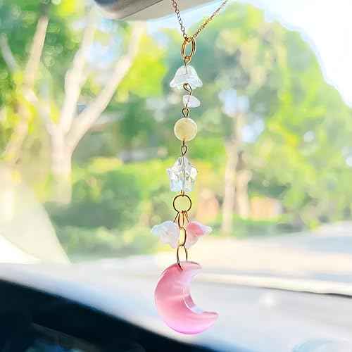 Moon Star Rearview Mirror Accessories Cute Pink Crystal Moon Star Lilly of The Valley Flower Sun Catcher Car Hanging Ornament Charm for Women Car Decor