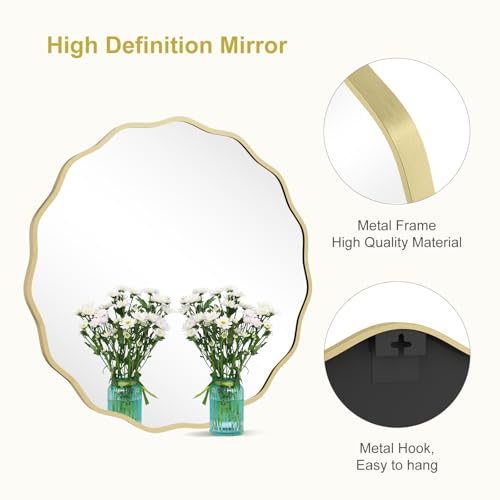 Gold 32-inch Wavy Round Wall Mirror with Aluminum Frame - Modern Bathroom & Living Room Decor