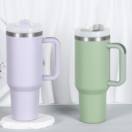 Temolulu 4 Pack 40 Oz Stainless Steel Tumbler with Handle & Lid - Cream, Purple, Green, Rose Quartz