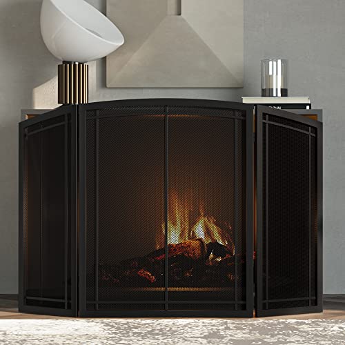 FireBeauty 3-Panel Wrought Iron Fireplace Screen 48x30 Inch Black Safety Guard
