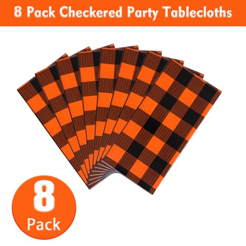 Kesfey 8 Packs Fall Orange Thanksgiving Gingham Tablecloth 54 x 108 Inches Orange and Black Buffalo Check Plaid Table Cover Backdrop Disposable Plastic Waterproof Autumn Picnic Tablecover for Camping