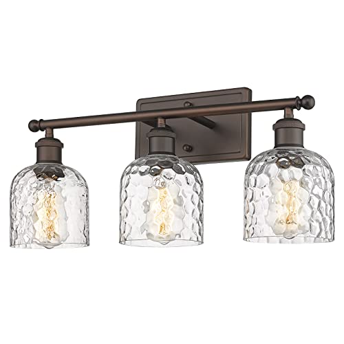 Farmhouse Vanity Light Fixture - 3-Light Oil Rubbed Bronze with Hammered Glass Shades, 21-inch Bathroom Wall Sconce - Up/Down Mounting