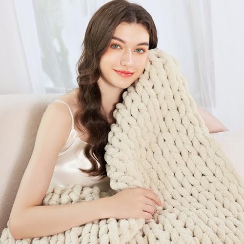 Admitrack Ivory Chunky Knit Blanket Throw 51x63" - Cozy Couch Cover