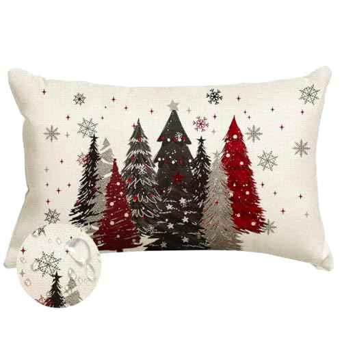 RABUSOFA Christmas Pillow Cover 12x20 Inch Indoor Outdoor Waterproof Merry Christmas Tree Stars Snowflake Decoration Holiday Winter Holiday Pillow Case for Couch Decor Gray and Red