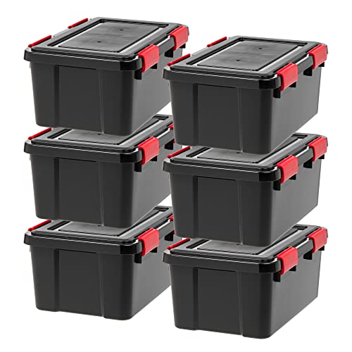 IRIS USA 6-Pack 19 Qt Storage Bins with Gasket Lids, Black/Red - Weatherproof, Stackable Organization