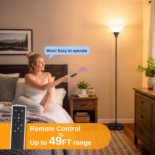 Black Floor Lamp with Remote & Dimmable LED Bulb - Modern Torchiere Standing Light
