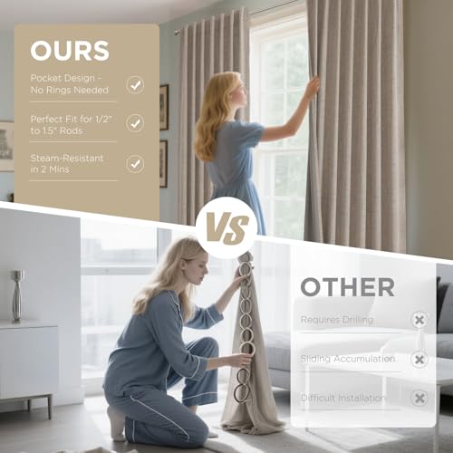 Linen Blackout Curtains for Bedroom & Living Room - Thermal Insulated, 52"W x 96"L, Pack of 2, Rod Pocket & Back Tabs