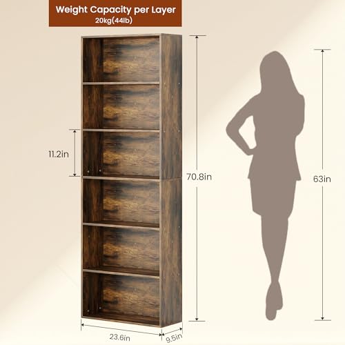 GRUSIGN 71-Inch Tall 6-Tier Bookcase Brown Large Storage Display Shelf
