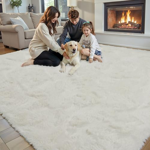 Cream 8x10 Shaggy Area Rug - Plush Furry Living Room Carpet, Large Size