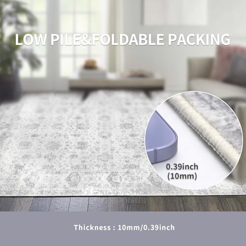 Grey Washable 8x10 Area Rug for Living Room - Modern Vintage Boho Style