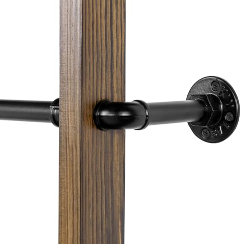 Wall-Mounted Towel Rack Ladder with Storage Shelf - Rustic Burnt Wood, Dark Brown