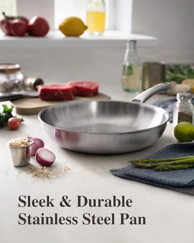 12-Inch Stainless Steel Frying Pan with Lid - Tri-Ply Cookware