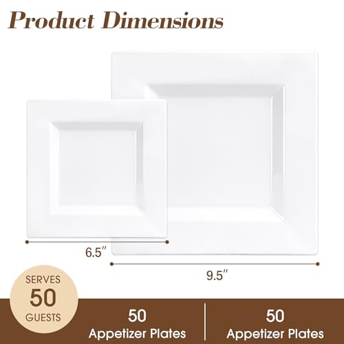 White Square Disposable Plastic Plates 100 Pack for Party - Pryntono