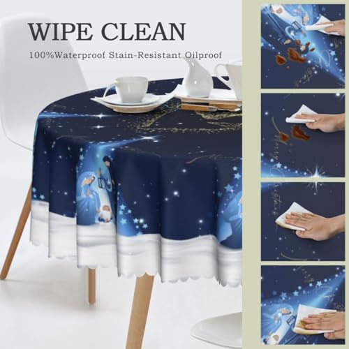 GARSYDAM 70-Inch Round Christmas Tablecloth – Winter Starry Snowflake Pattern, Water-Resistant & Wipeable