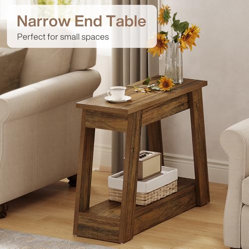 Tribesigns Rustic Brown Wood End Table with 2 Shelves - Narrow Nightstand for Living Room & Bedroom, Small Side Table