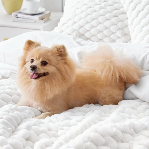 Queen Fluffy Comforter Set - Bright White Fleece Bedding 3 Pieces