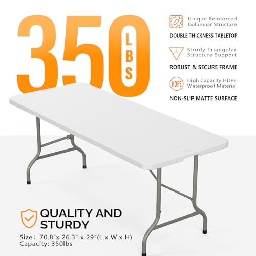 Bonnlo 6ft White Folding Table - Portable Collapsible Plastic Indoor Outdoor Use