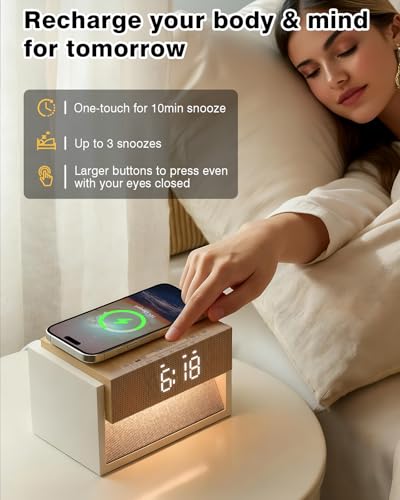 White Wood Sunrise Alarm Clock with Sound Machine & Wireless Charger - Bokefo