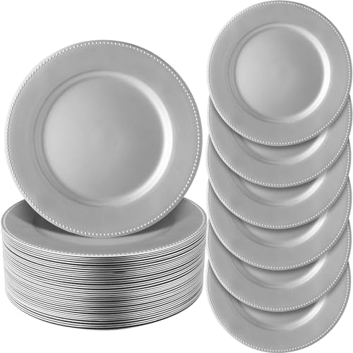 Jinei 36 Pack 13 Inch Silver Beaded Round Charger Plates - Classic Silver / Silver Beaded Edge
