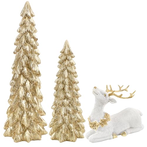 Gold Christmas Reindeer & Tree Figurine Set - Holiday Decor, Resin, 3 pcs