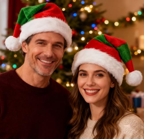 Christmas Elf Hat for Adults - Red & Green Plush Santa Hat for Holiday Parties