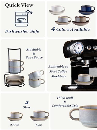 Gomakren 6oz Stackable Cappuccino Cups Set of 4 with Saucers & Stand,