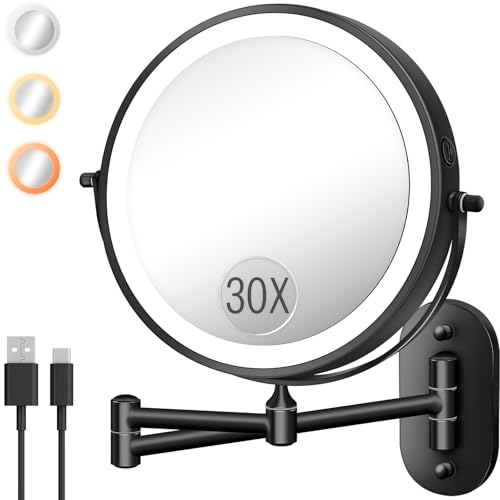 VPU 8 Inch Wall Mounted Magnifying Makeup Mirror with Light - Black (30X/1X, Rechargeable, Dimmable, Dual-Sided)