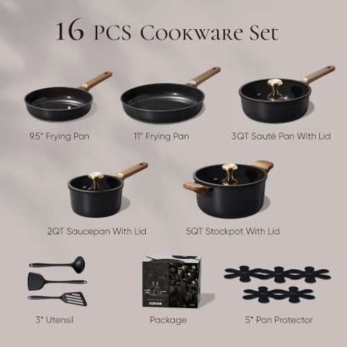 Ceramic Cookware Set 16pcs with Non-Toxic Nonstick Pans & Lids - Black