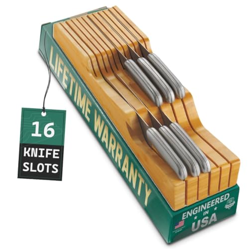 In-Drawer Bamboo Knife Organizer with 16 Slots - Kitchen Drawer Storage
