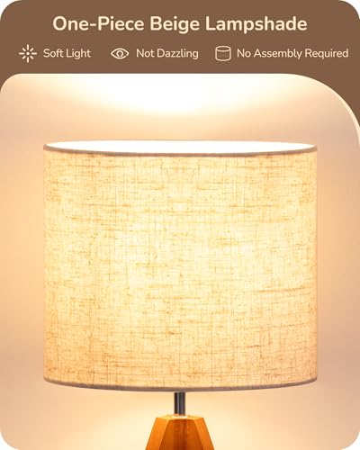 EDISHINE Small Tripod Bedside Table Lamp - Light Brown Wooden Design, 14.2 Inch, E26 Base