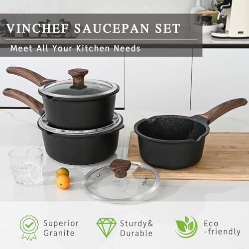 Vinchef 3-Piece Saucepan Set 2QT, 3QT, 4QT Nonstick Granite Coated Cookware