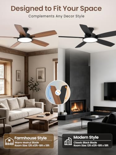 Black 52-Inch Ceiling Fan with Lights and Remote - Low Profile, Reversible DC Motor