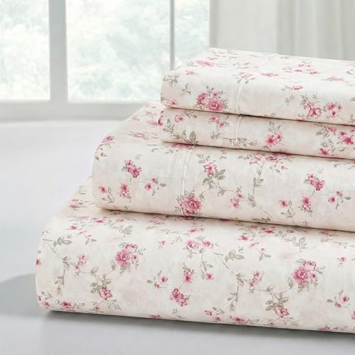 Queen Microfiber Bed Sheets Set - Floral Rose Pattern, Wrinkle-Free, Deep Pockets