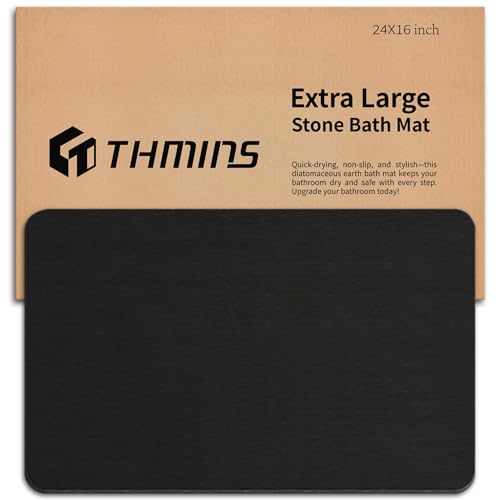 THMINS Black Stone Bath Mat 24x16 Inches Non-Slip Diatomaceous Earth Shower Rug